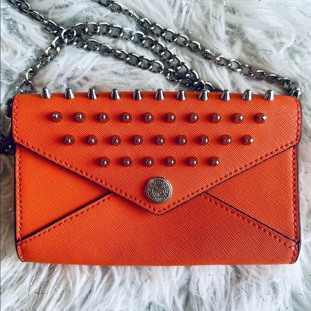 Rebecca Minkoff Leather Orange Studded Spiked on a Chain Wallet Clutch Purse - Picture 4 of 6